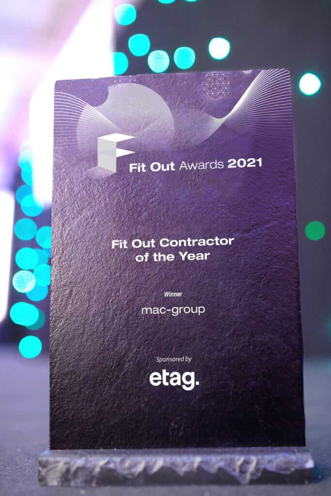 Trophy for winning Fit out contractor of the year 2021 at the 2021 fit out awards. Sponsored by etag