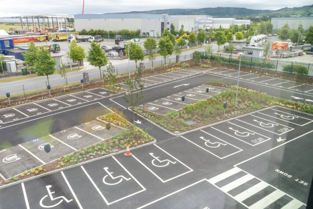Aerodrome Q2. overhead photo of car park. Disabled, Electric vehicle and standard parking spots