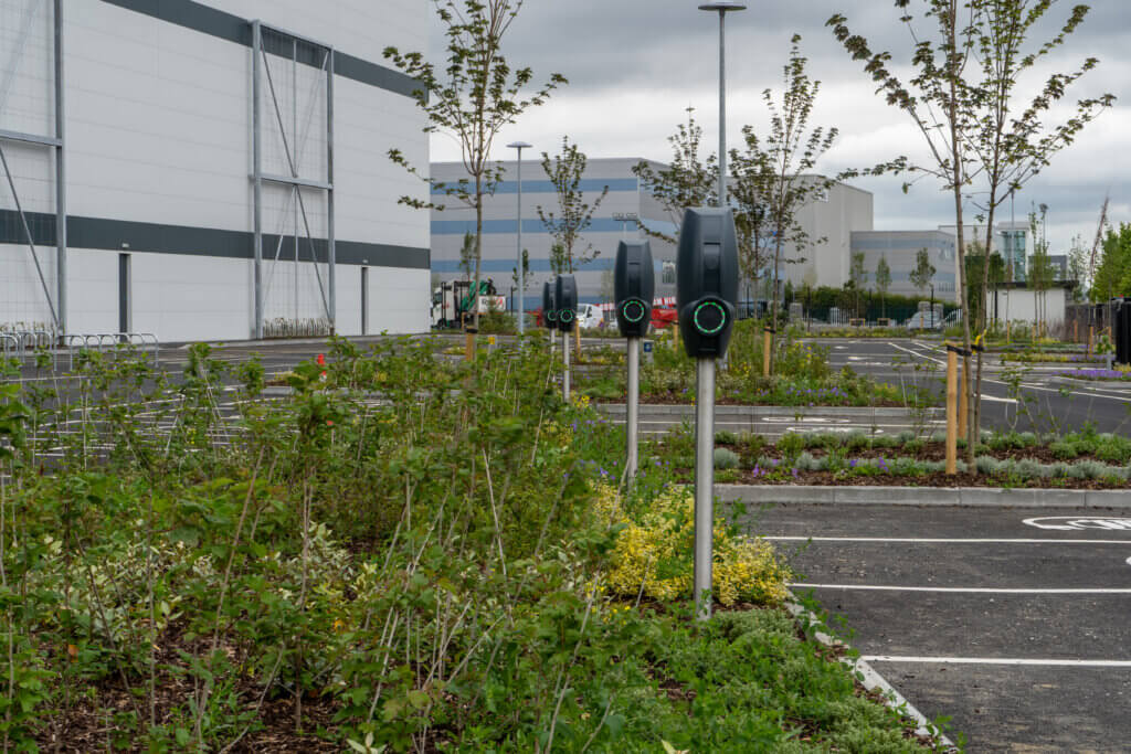 Aerodrome Q2. Flowerbed with EV charging stations for staff