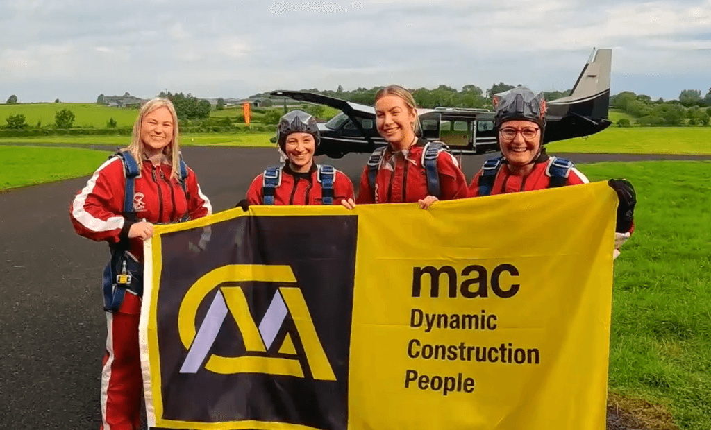 Mac team holding mac flag before skydive